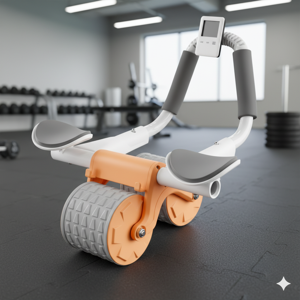 Rodillo abdominal con apoyabrazos, cronometro y alfombrilla para rodillas